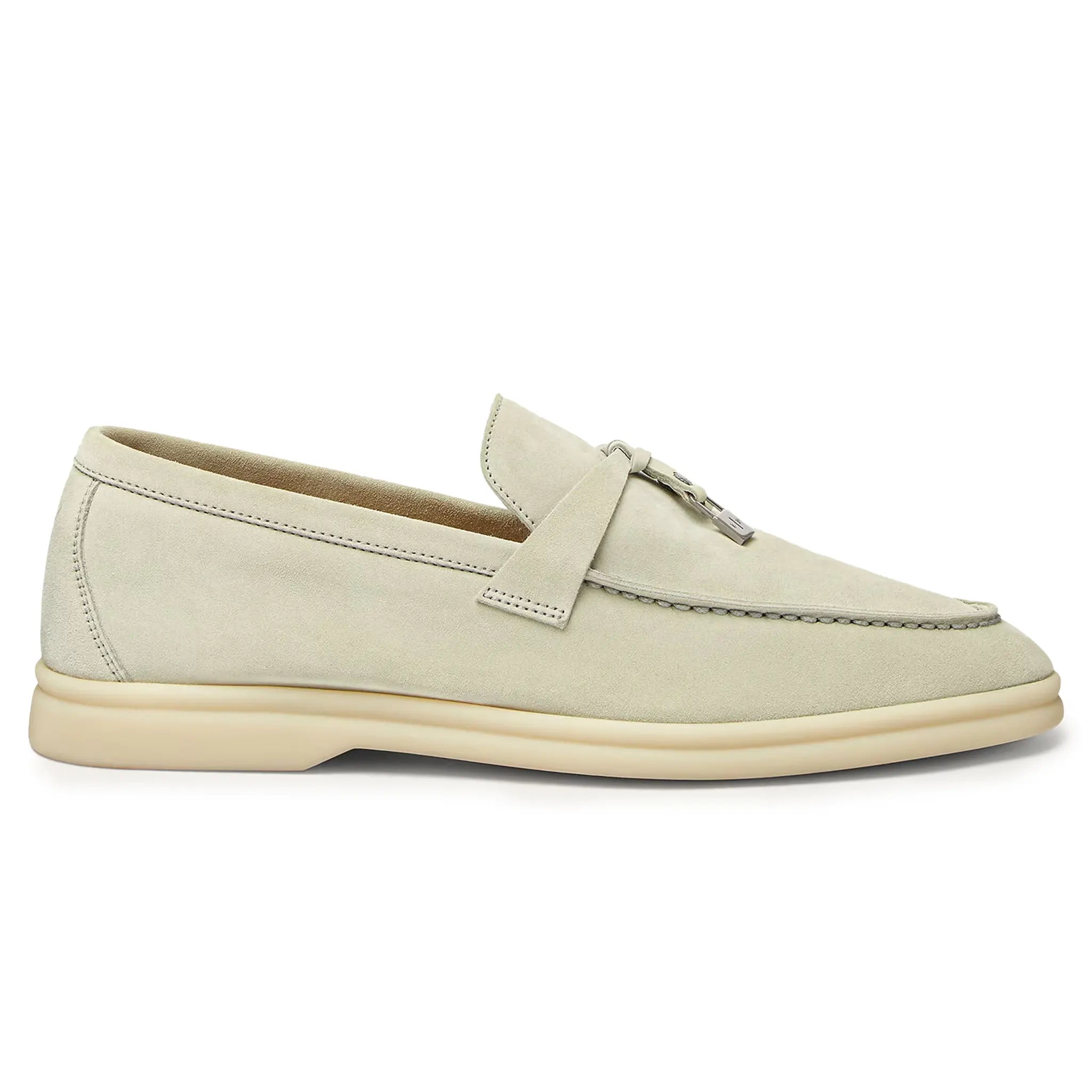 Side view of Loro Piana Summer Charms Suede Deep Ice Loafers